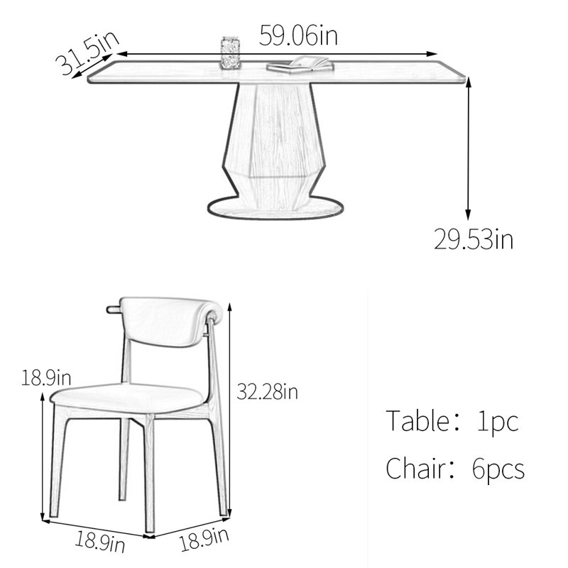 Ensemble de table de salle à manger en pierre frittée grise, H 29,53 po x L 59,06 po x l 31,5 po