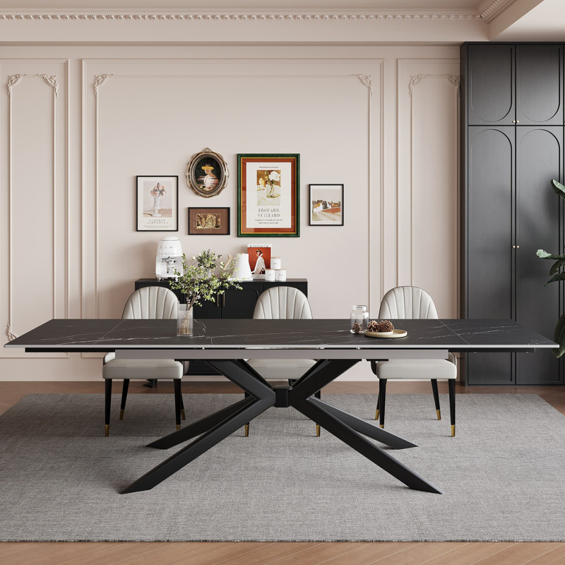 Vetler 9 - Piece 110.23'' Extendable Rectangular Sintered Stone Dining Table with 8 Leather Chairs Dining Set, Black