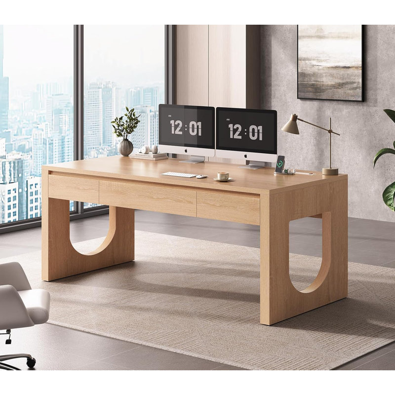 Bureau de direction moderne avec 3 tiroirs, bureau de direction 55 po avec pieds en forme de U, Naturel