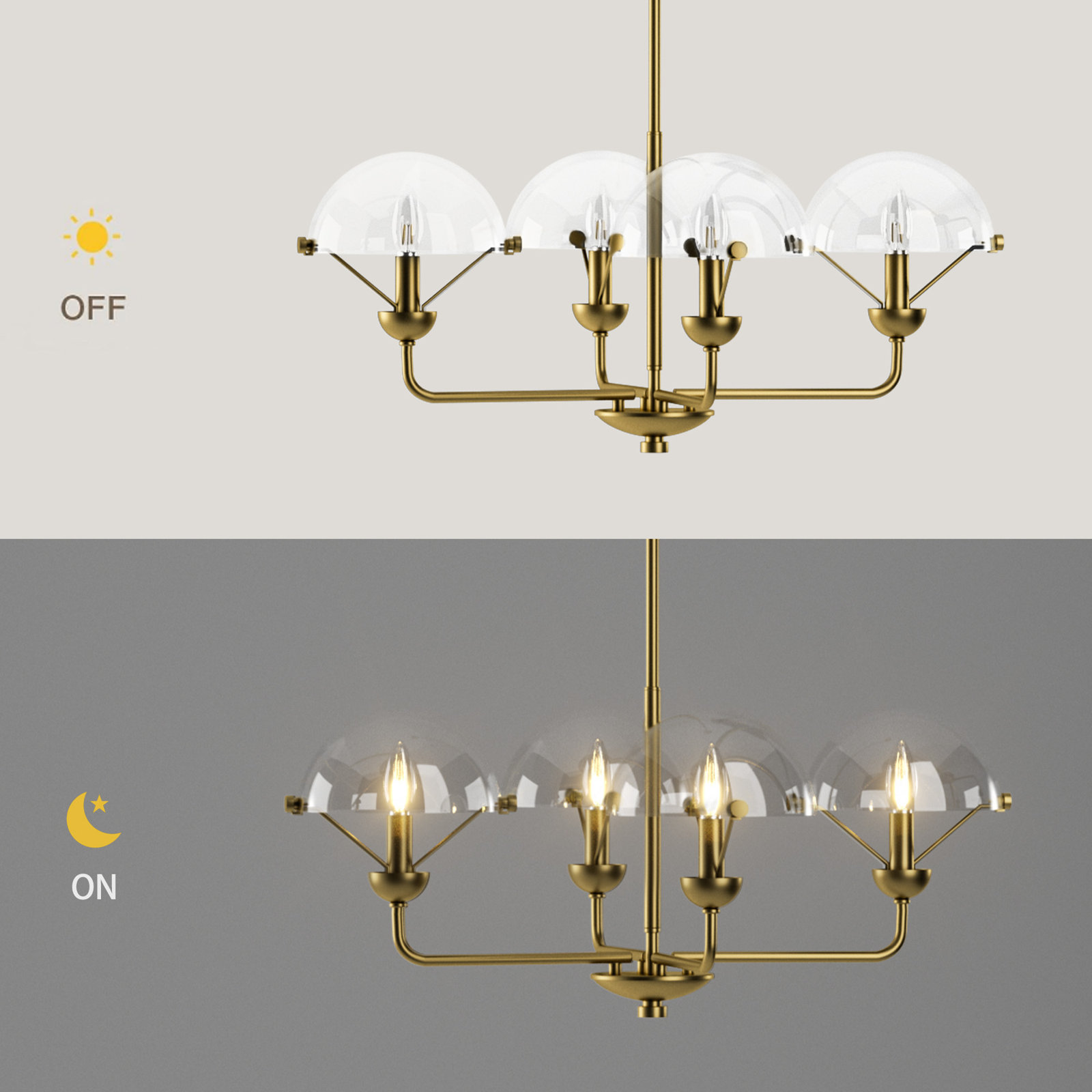 Iron 4-Light Chandelier, Antique Brass Finish/Clear Glass Shade