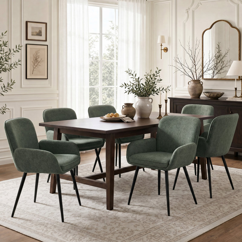 Upholstered Chenille Dining Chairs With Metal Legs (Set Of 6), 6, Green Chenille