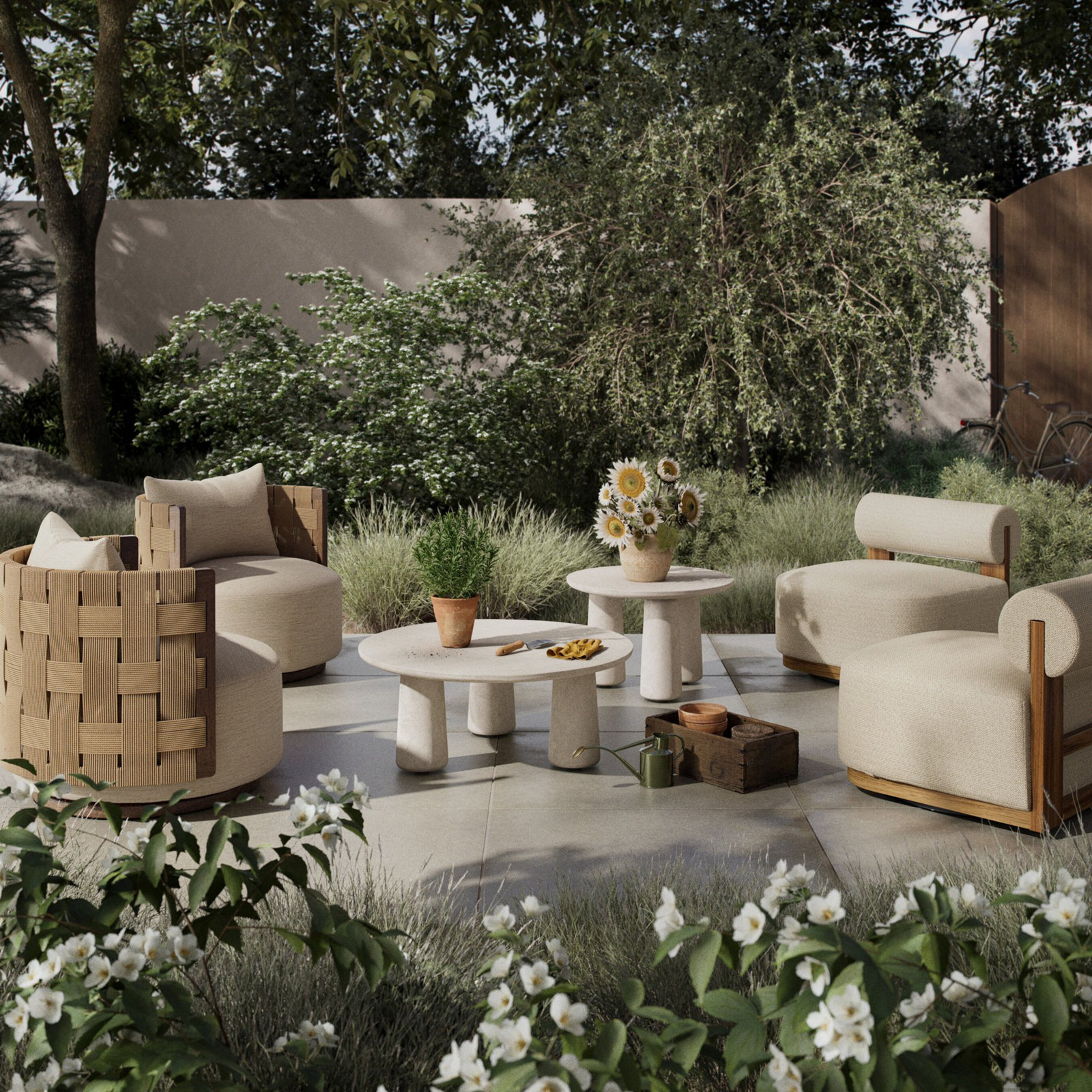 Malta Outdoor Swivel Chair, Faye Sand, Natural Teak
