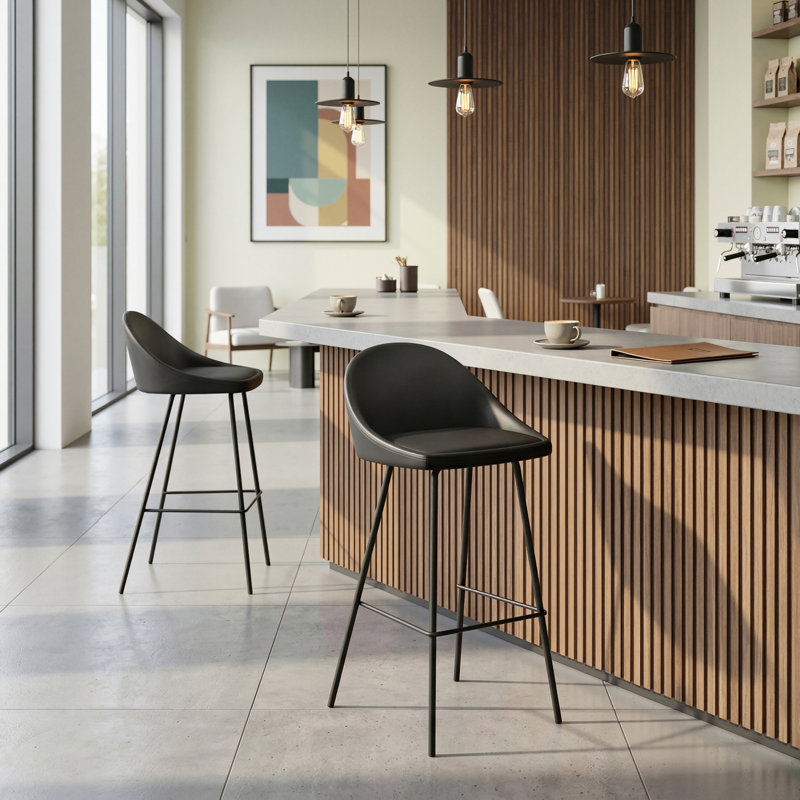 Tabouret de bar et de comptoir Holmes, Tabouret de bar (siège d’une hauteur de 29,5 po, Cuir vegan noir minuit