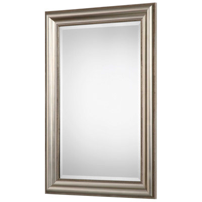  Decorative Wall Mirror – 36" H Antiqued Champagne Silver Leaf Frame with Beaded Details and Beveled Glass