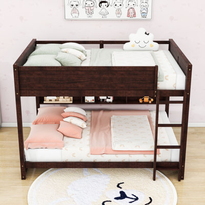Queen Over Queen Bunk Bed With Built-In Storage Shelves And Charging Station,Ladder