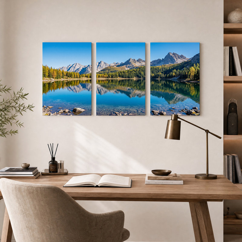Reflet d'un lac de montagne avec des arbres d'automne - Ensemble de 3 toiles murales, 24"H x 16"W x 3pcs