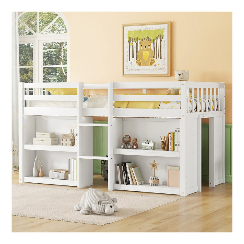 Twin Size Kid Low Loft Bed With Two-Tier Shelves And LED Light For White Colour