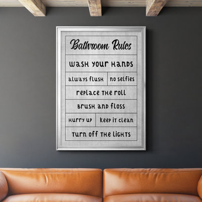 «Simple Bathroom Rules», reproduction encadrée de qualité supérieure - prête à être accrochée