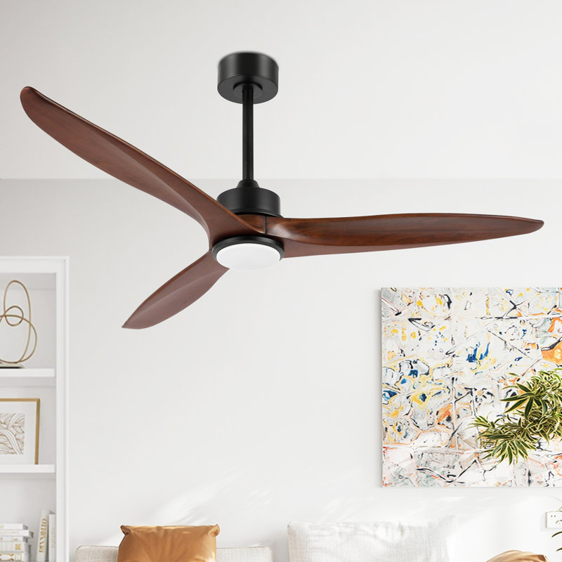 Ventilateur de plafond à 3 pales en bois massif avec télécommande Wivenhoe, 60 po de largeur, Noir avec pales noyer, Yes