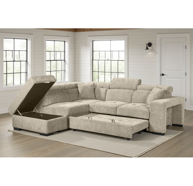 Corner Sofabed with Storage and Ottomans, Left Hand Facing, Beige Chenille