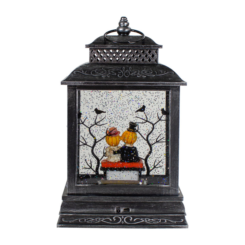 Lanterne en forme de boule à neige noire 11,5 "avec couple de citrouilles