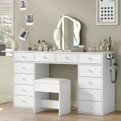 Vanity Desk Without Mirror, 12 Drawers, Charging Station, Glass Top, Foldable Panel, Makeup Vanity for Bedroom