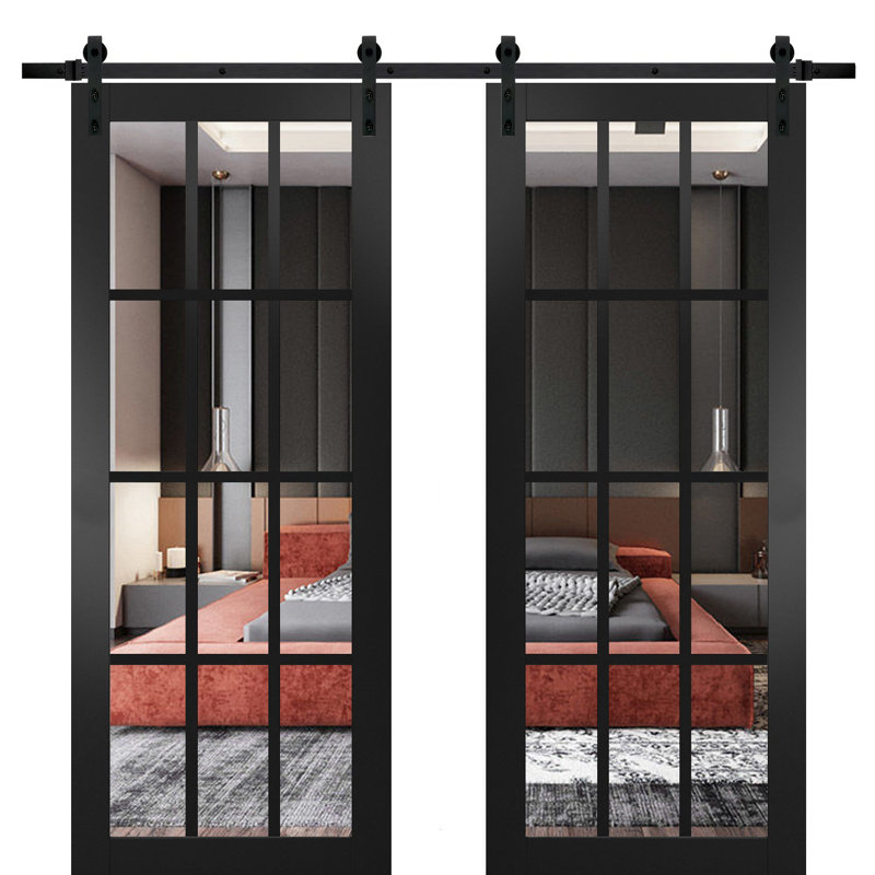 Portes de grange en verre transparent Felicia avec ensemble de quincaillerie d'installation, Noir, 64 po x 96 po