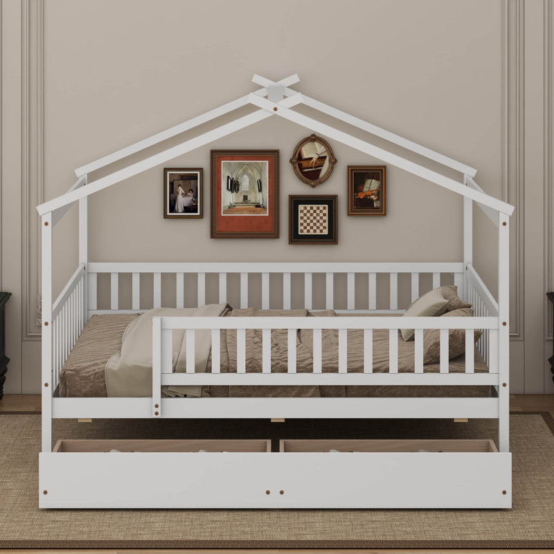 Lit double en bois avec tiroirs, Blanc