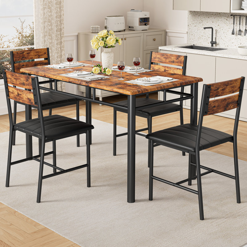 5-Piece Dining Table Set For 4, Kitchen Table With 4 Pu Upholstered Dining Chairs, Brown
