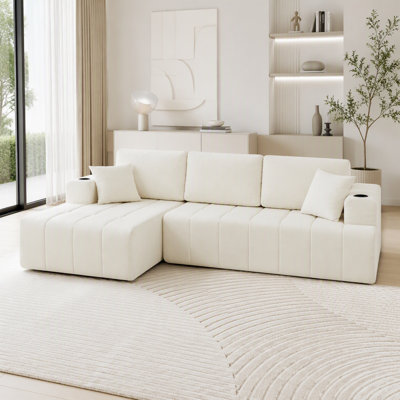 Chenille Sectional Sofa, Cloud Style Boneless Sofa with Chaise, Modern Upholstered Couch with Cup Holders & Side Pockets, Compression Sofa