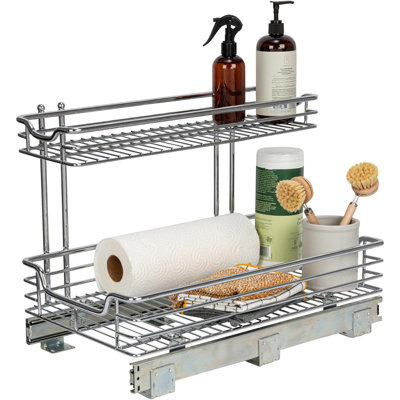 2-Tier Under-Sink Pull-Out Organizer, Chrome Multipurpose Steel Slide-Out Cabinet Storage For Kitchen, Bathroom, And Pantry
