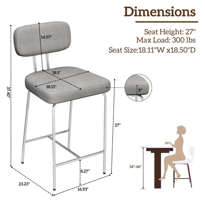 Counter Height Bar Stools,26" Barstools, Fabric Kitchen Stools with Back,for Kitchen Island, 4, Gray/White