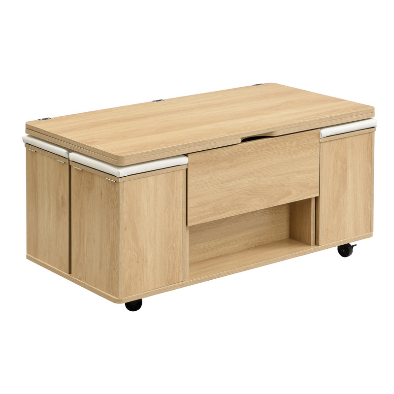 Table basse multifonctionnelle à plateau relevable avec rangement dissimulé et tabourets, Naturel