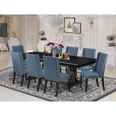 L'ensemble de table de cuisine 9 pièces se compose d'une table et de 8 chaises de salle à manger en tissu de lin bleu minéral avec dossier rembourré - finition noir sablé.