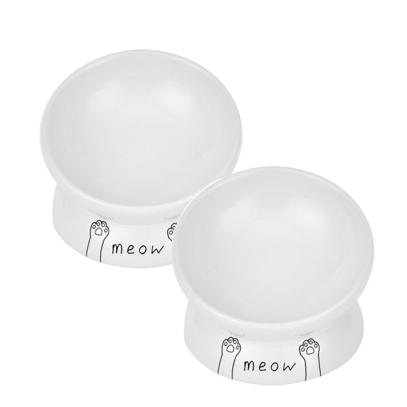 Ensemble de plat pour chat en céramique Meow Design, Grand (2 tasses), Blanc