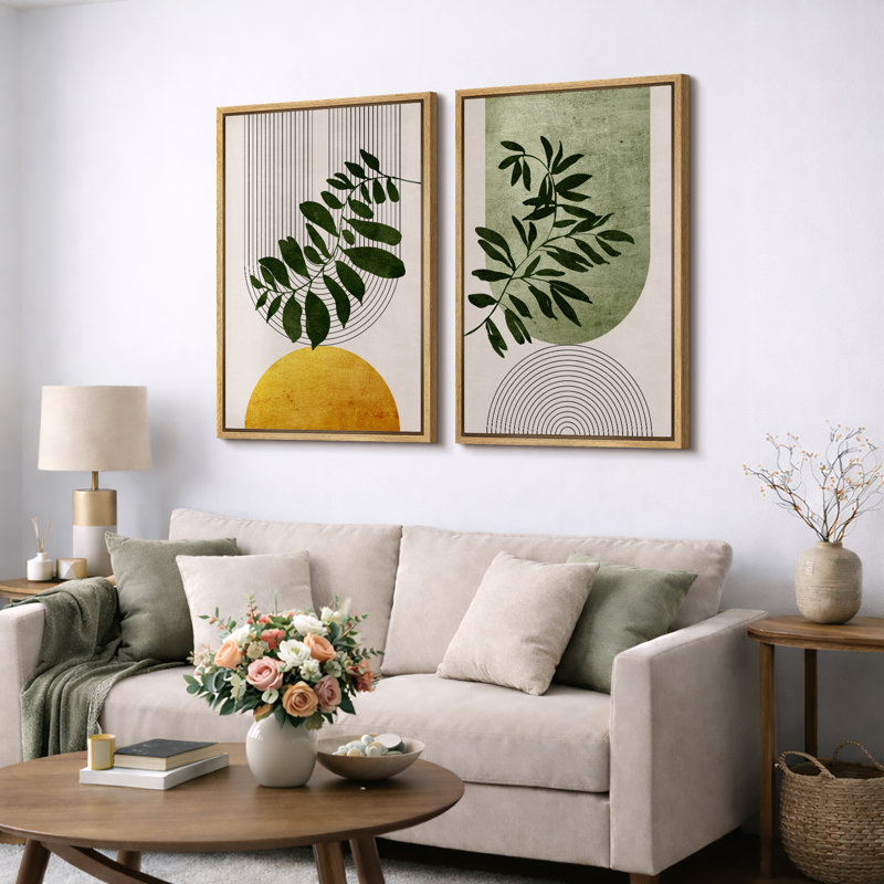 Boho de style Mid-Century moderne, "Bold Bright Yellow & Green Leaves, H 36 po x l 48 po, Cadre naturel flottant