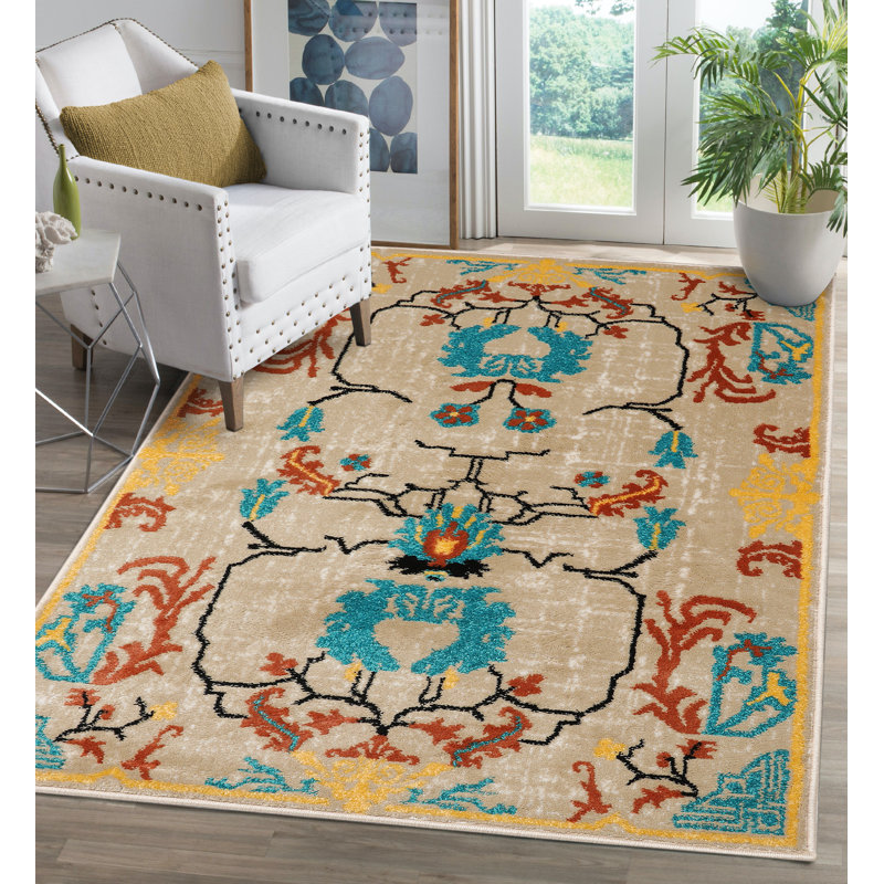 Tapis beige / bleu sarcelle bouclé / crocheté Inshore, Rectangle de 7 pi 6 po x 9 pi 6 po, Beige / bleu sarcelle 