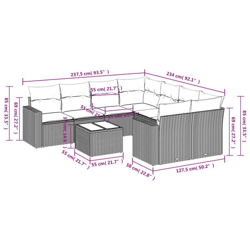 Ensemble de canapé de patio 9 pièces avec coussins en rotin de polyester, Bleu clair, Noir