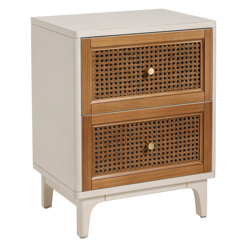 Aril 2-Drawer Woven Cane Front Accent Nightstand with Brass Knobs, White/Brown