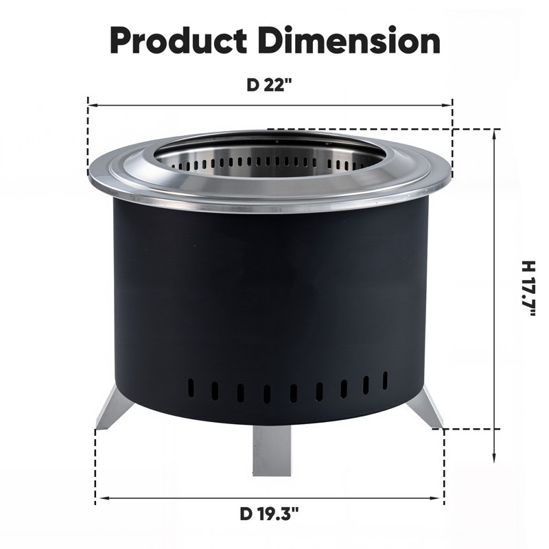 Stainless Steel 22" Low Smoke Fire Pit,Outdoor Wood Burning Smokeless Fire Pit With Cover & Poker, 17.7" H x 22" W x 22" D