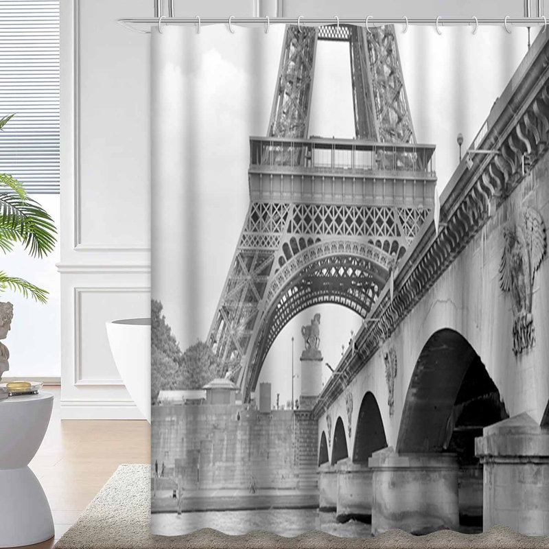 Rideau de douche gris avec 12 crochets Tour Eiffel Paris, 72" L x 84" W