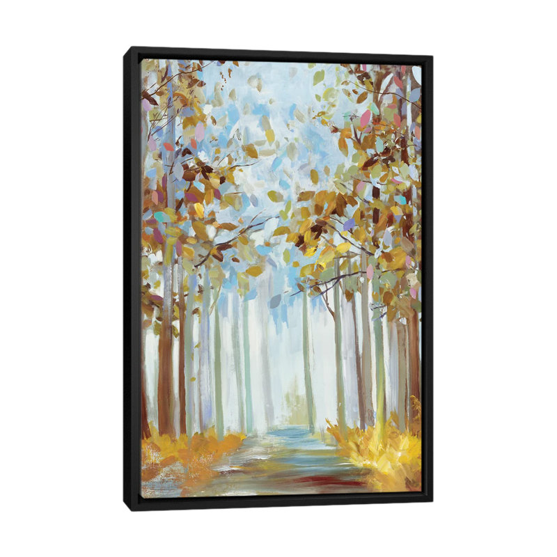 Reproduction d’art, "Walking into a Gold" par Allison Pearce, H 26 po x l 18 po x 1,5 po, Toile avec cadre noir, Pas de tapis