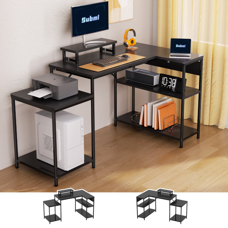 Submi L Shaped Desk, 152x80 cm Reversible Computer Desk for Home Office with Large Reversible Storage Shelves, Corner Desk Office Desk with Monitor Stand Height Adjustable