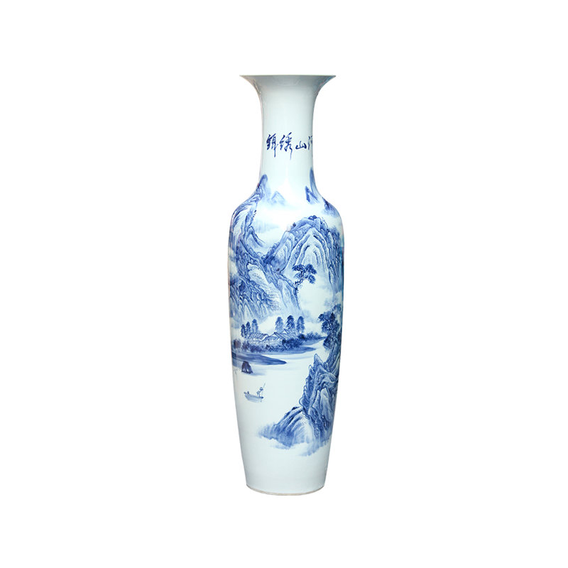 Grand vase sur pied en céramique peint à la main bleu et blanc 62,99 "Jingdezhen, H 62,99 po x l 17,32 po x P 17,32 po