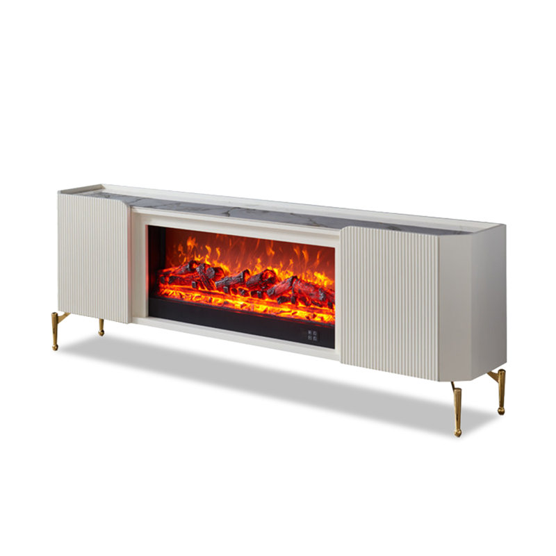 Console de luxe à cannelures avec foyer encastré, meuble multimédia blanc avec rangement