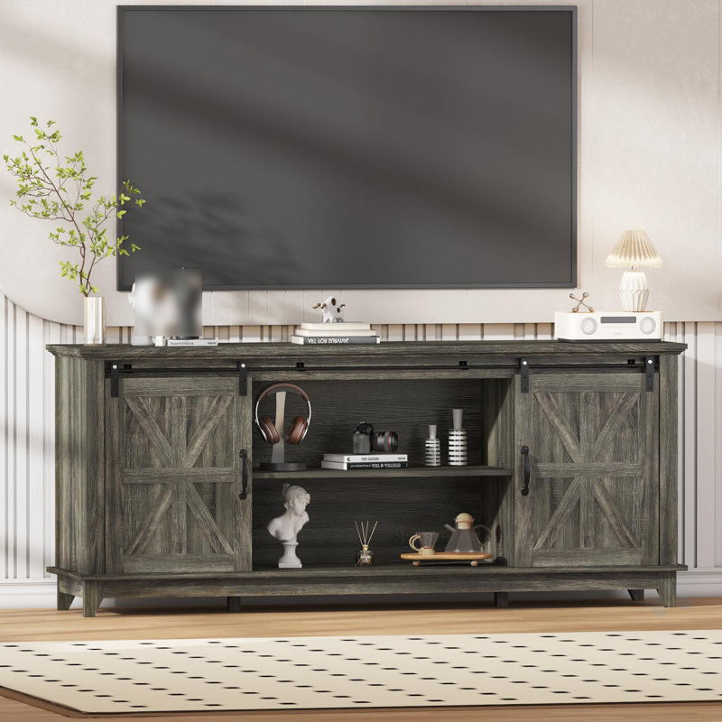 Modern TV Stand for TVs Up to 75'', Wooden Entertainment Center with Sliding Barn Doors, Media TV Console Table with Adjustable Shelf for Living Room