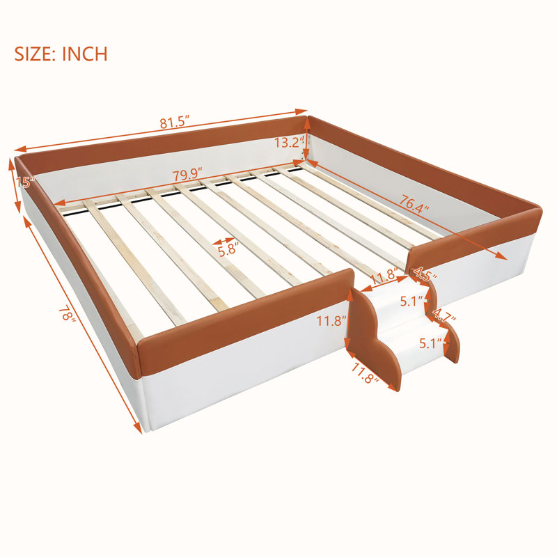 Floor Upholstered Kids Bed With Stairs, Brown/White, King