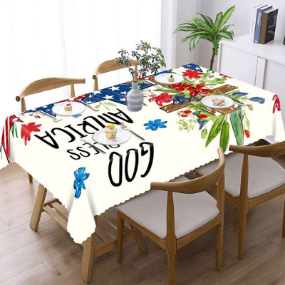 Farmhouse Plaid Star Table Cloth, 60 x 120 in Scalloped Trim, Veterans Day Patio Dinner Ornament