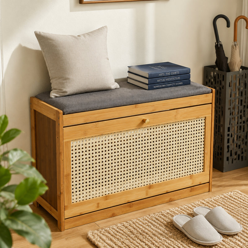 Banc de rangement 6 paires de chaussures en bambou avec coussin, Bois brun