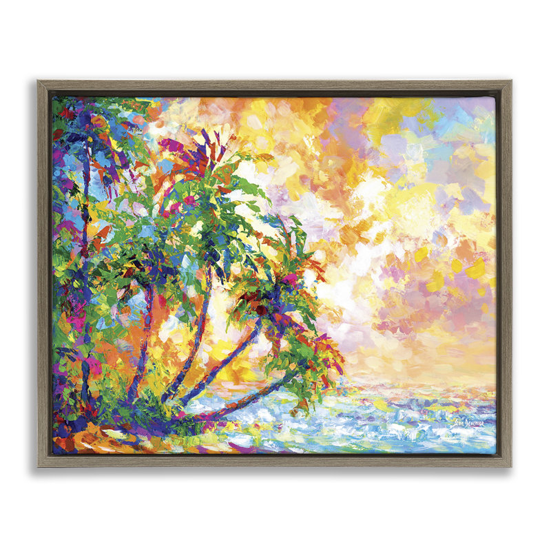 «Full Beach Palms», art mural encadré flottant par Leon Devenice, Cadre flottant orme Montalcino, H 17 po x l 21 po