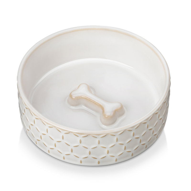 Hexagon Embossed Pattern Anti-skid Stoneware Dog Bowl, 480ml