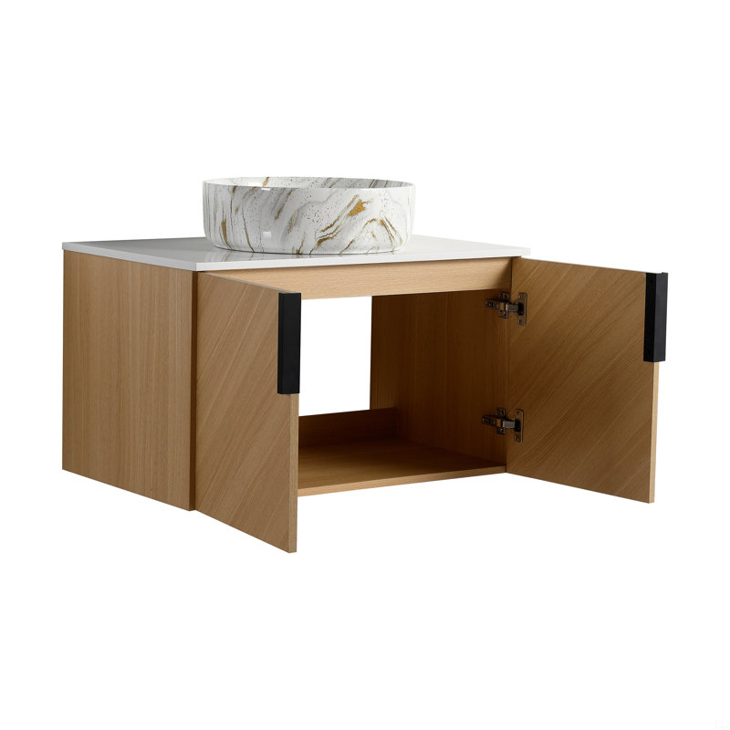 Meuble-lavabo de 30 po avec lavabo d'art en céramique et dalle de pierre artificielle, 2 portes à fermeture douce, 30"