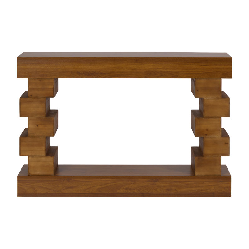 Geometric Block Stacked Wood Console Table With Warm Natural Finish