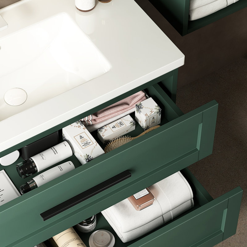 Armoire de rangement pour salle de bain 36 po avec lavabo, flottant moderne, lavabo en céramique blanche, 2 tiroirs, rangement abondant, fermeture en douceur, installation facile, élément de décoration, grand espace, à