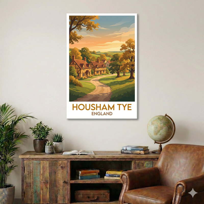 Housham Tye, England - Romantic Countryside Travel Poster of an Idyllic English Village. Giclee Print on Wrapped Canvas. Wall Art, Home Decor - Cities & Towns, England 1 Piece Wrapped Canvas Wall Art