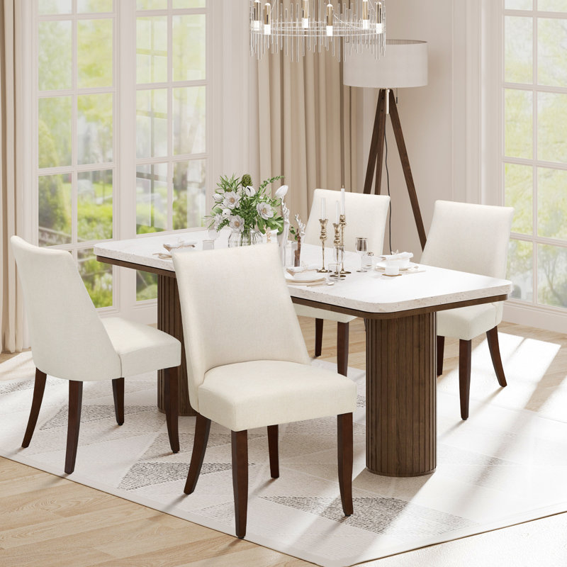 19" Seat Height Parsons Upholstered Dining Chair, Solid Wood Legs, High Back Fabric Dining Side Chairs, Easy Assembly, Beige