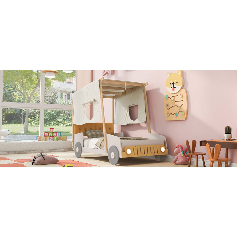 Lit voiture en bois avec coussin, toile de plafond