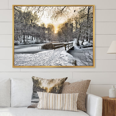 Wooden Bridge In Snow Winter River - Landscapes Canvas Wall Art
