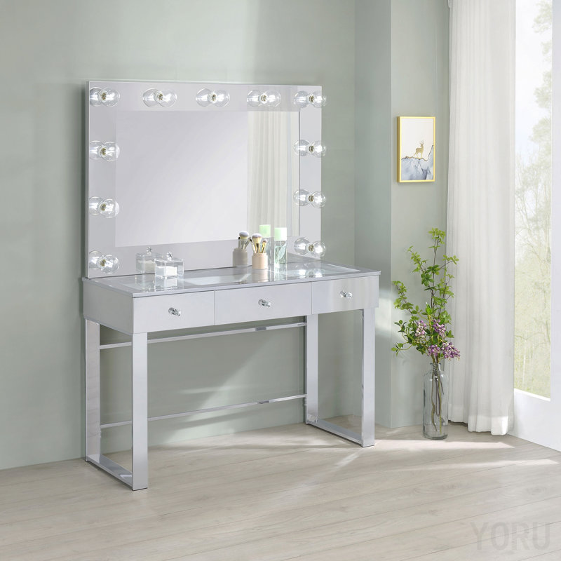 Coiffeuse chromée à 3 tiroirs avec miroir