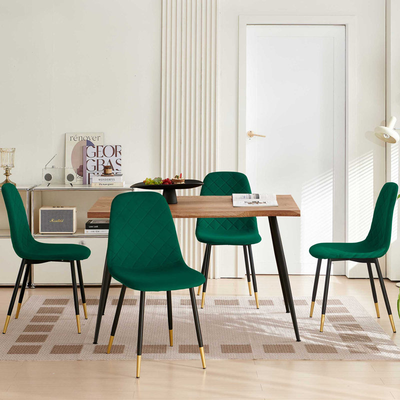 Breakfast Table Set For 4, Rectangular Table Velvet Dining Chair, Green